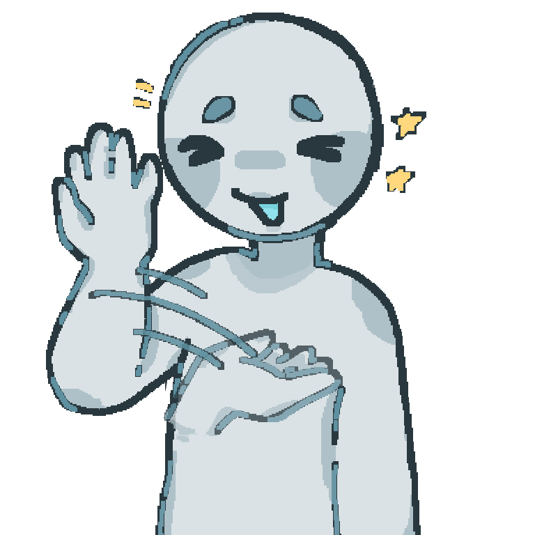 A ms paint style of a grey person. The grey person is doing the ASL sign for our/ours. There are yellow stars by their head